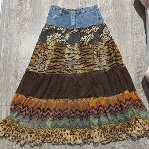 Milana Patchwork Denim & Animal Print Tiered Maxi Skirt Festival Y2K Size 4